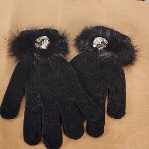 Mitchies Matchings Black Acrylic Canadian Fur Crystal Stone Cuff Mini Mitt Glove